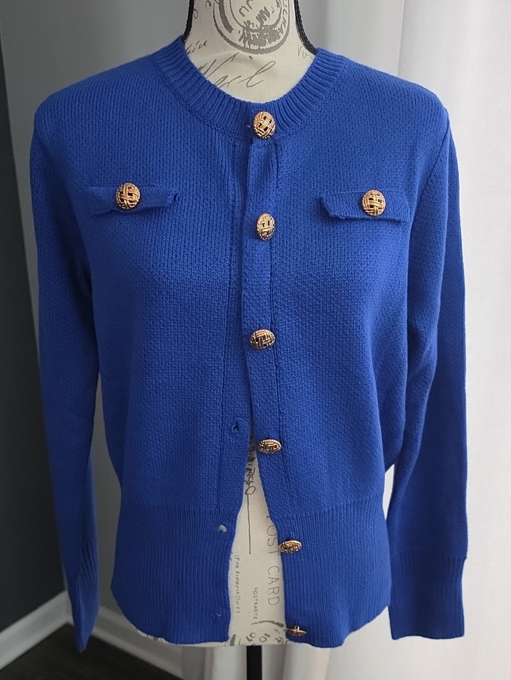 Vibrant Blue Women's Crewneck Gold Button Cardigan Sweater